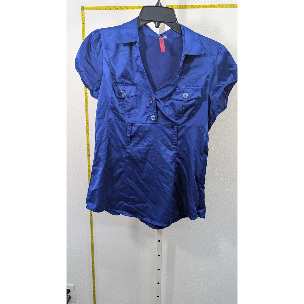 Heart & Soul Royal Blue Satin Blouse Short Sleeve Button Up Top‎ Empire Waist
